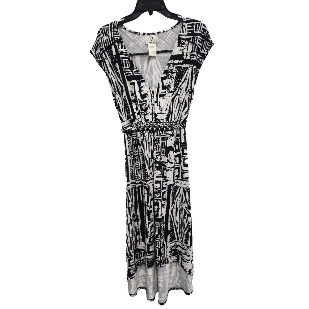 ICE‎ Womens Hi-Low Beaded Dress Size 12 Black White Abstract Artsy Short Sleeve
